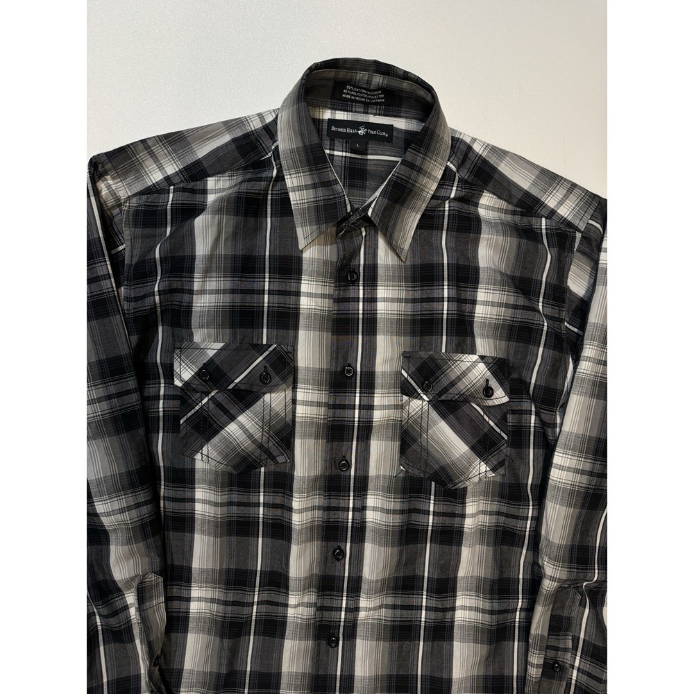 Beverly Hills Polo Club Men's Button Down Shirt Large Black White Grey Plaid